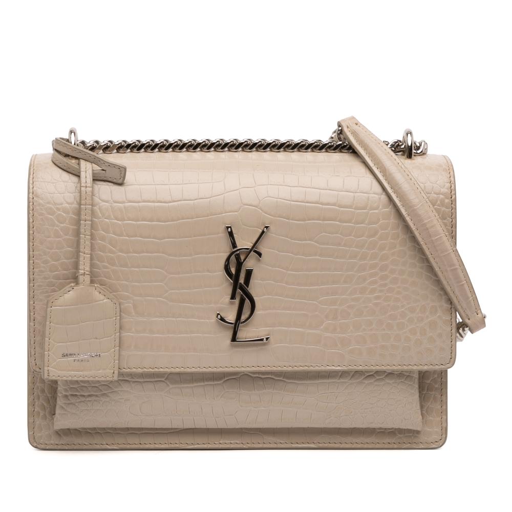 Saint Laurent B Saint Laurent Brown Light Beige Calf Leather Medium Croc Embossed Monogram Sunset Bag Italy
