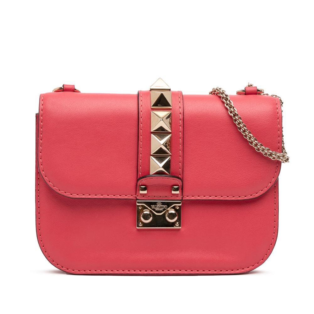 Valentino AB Valentino Pink Hot Pink Calf Leather Small Rockstud Glam Lock Crossbody Italy