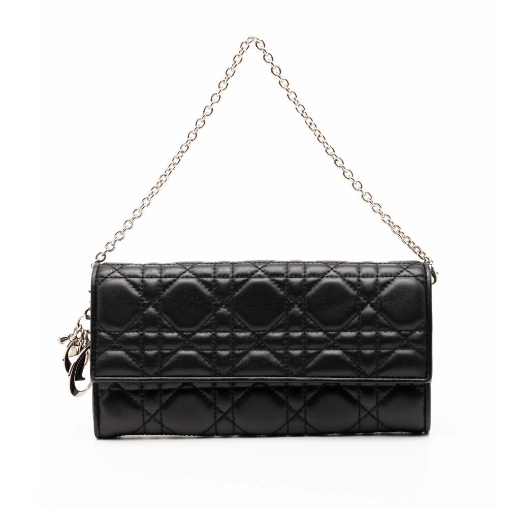 Christian Dior B Dior Black Lambskin Leather Leather Lambskin Cannage Lady Dior Wallet On Chain Italy