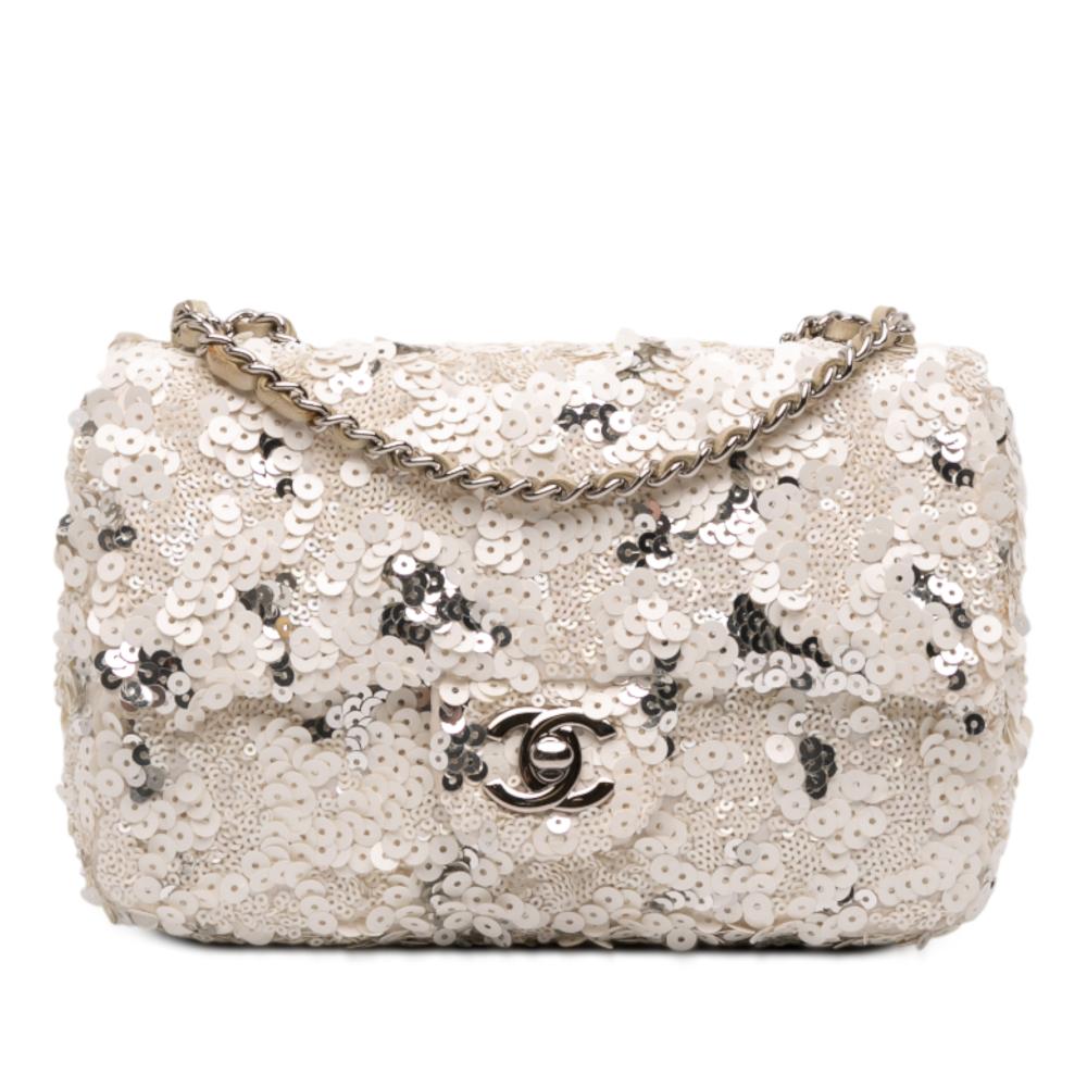 Chanel B Chanel White Ivory Canvas Fabric Mini Rectangular Classic Sequin Single Flap Italy