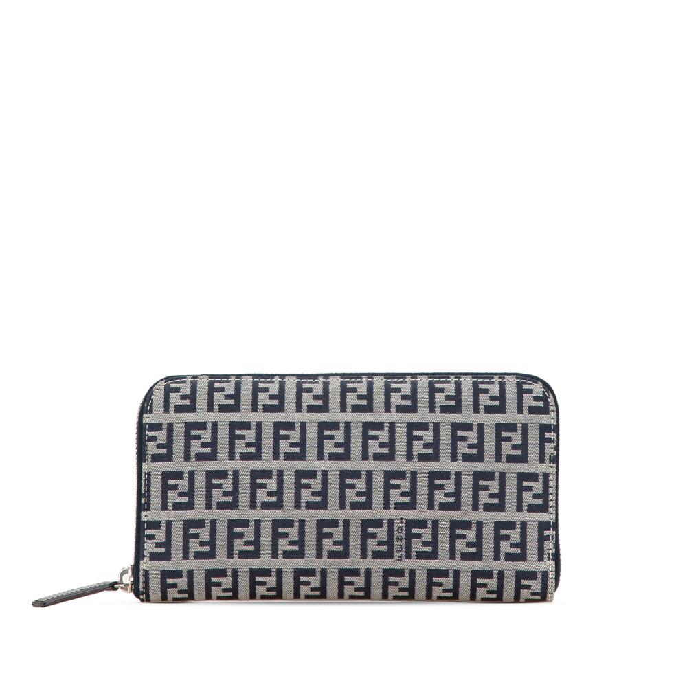 Fendi B Fendi Gray with Blue Navy Canvas Fabric Zucchino Zip Around Long Wallet Italy
