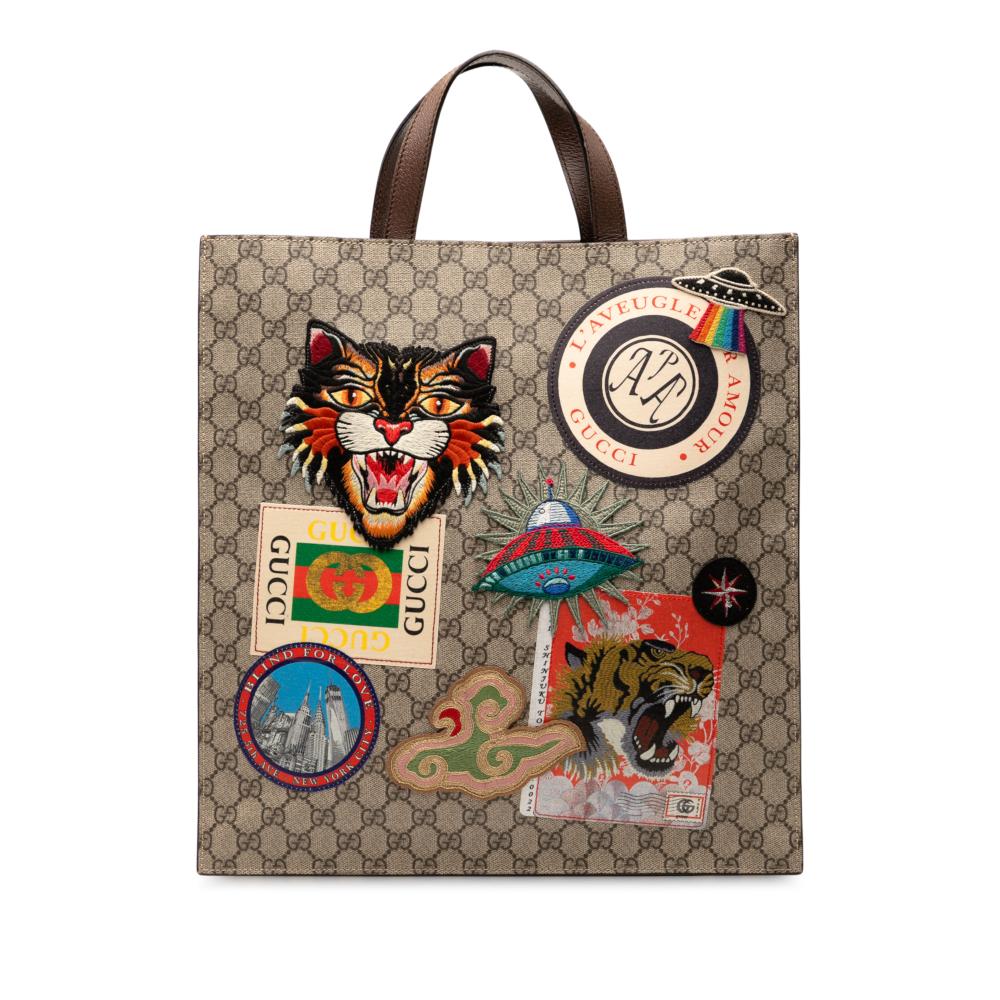 Gucci B Gucci Brown Beige Coated Canvas Fabric GG Supreme Night Courrier Vertical Satchel Italy