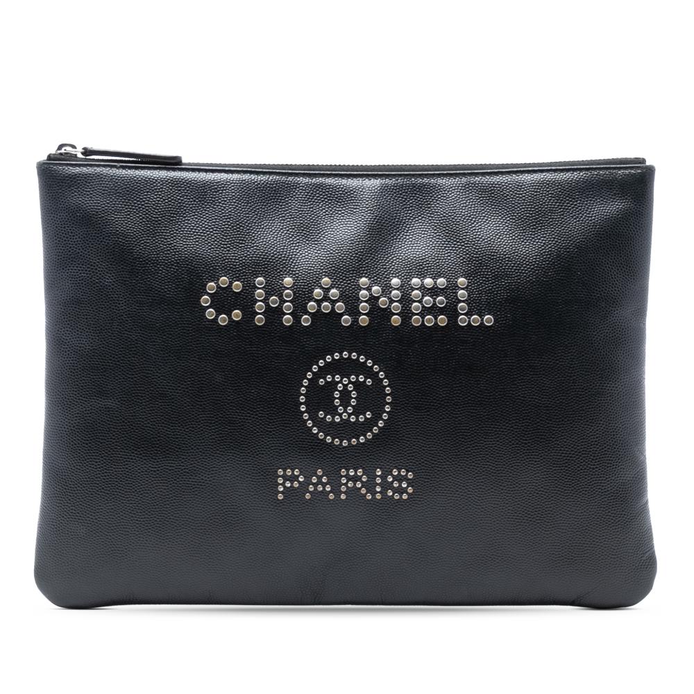 Chanel B Chanel Black Caviar Leather Leather Medium Caviar Deauville Studded O Case Clutch Italy