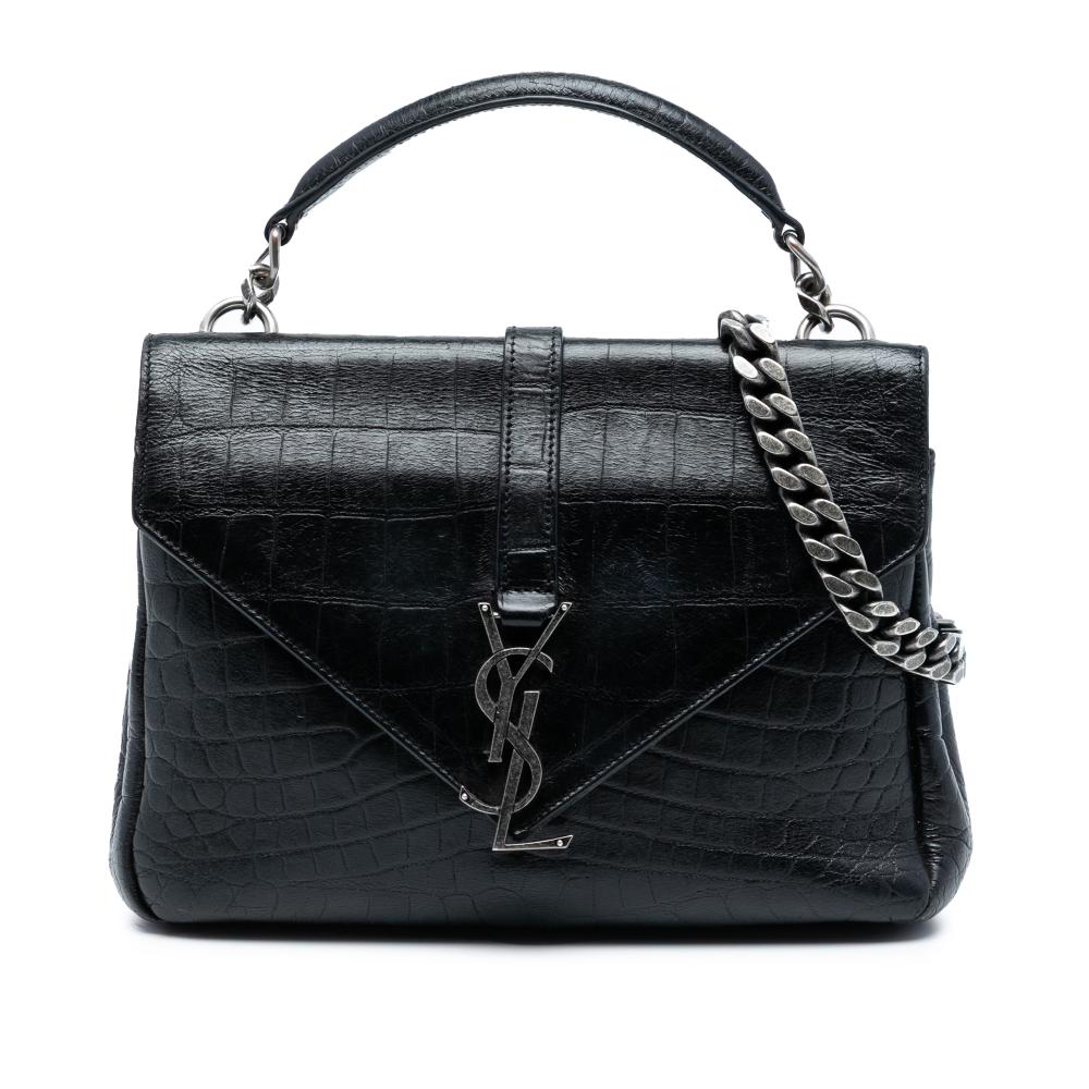 Saint Laurent B Saint Laurent Black Calf Leather Medium Croc Embossed College Satchel Italy