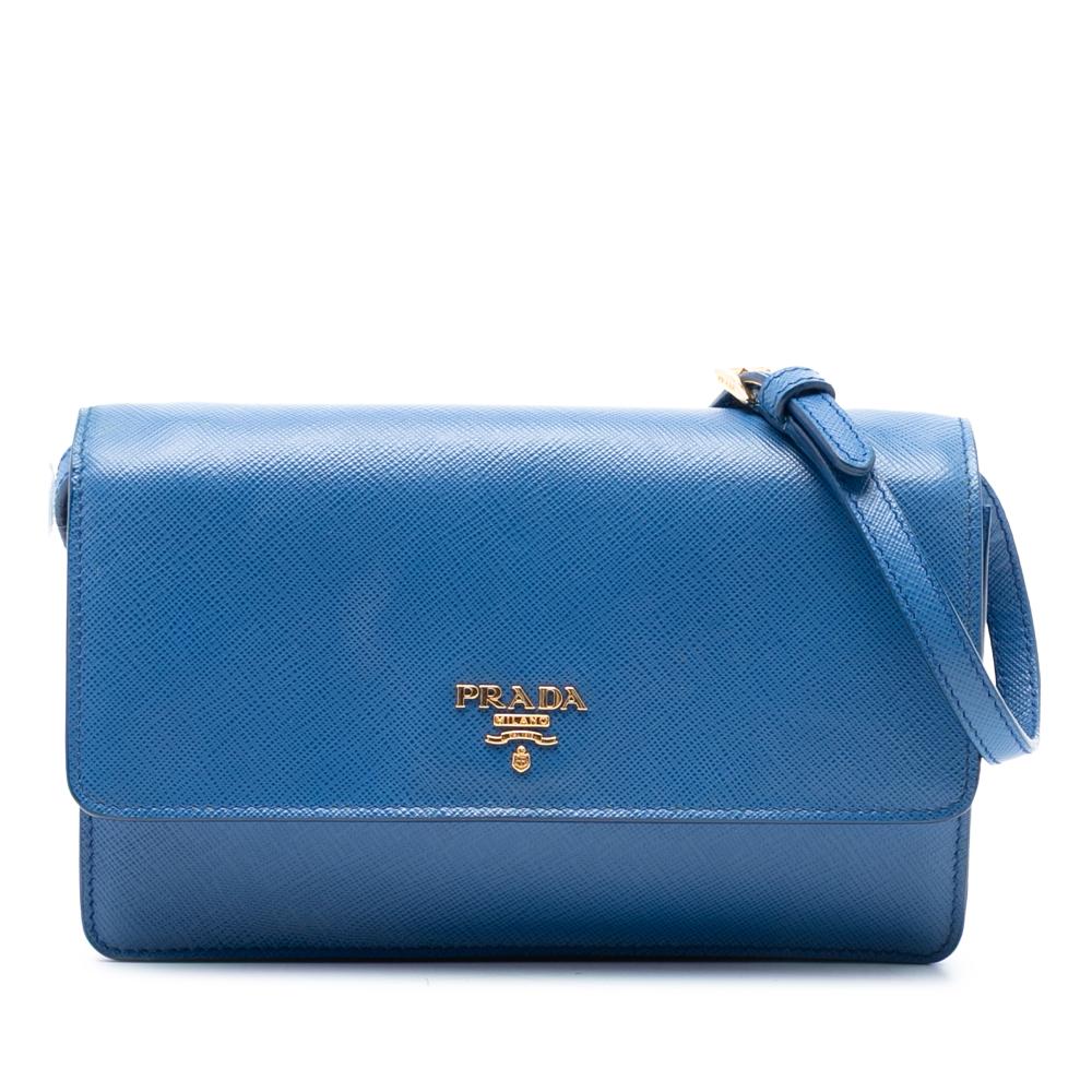 Prada B Prada Blue Saffiano Leather Wallet on Strap Italy