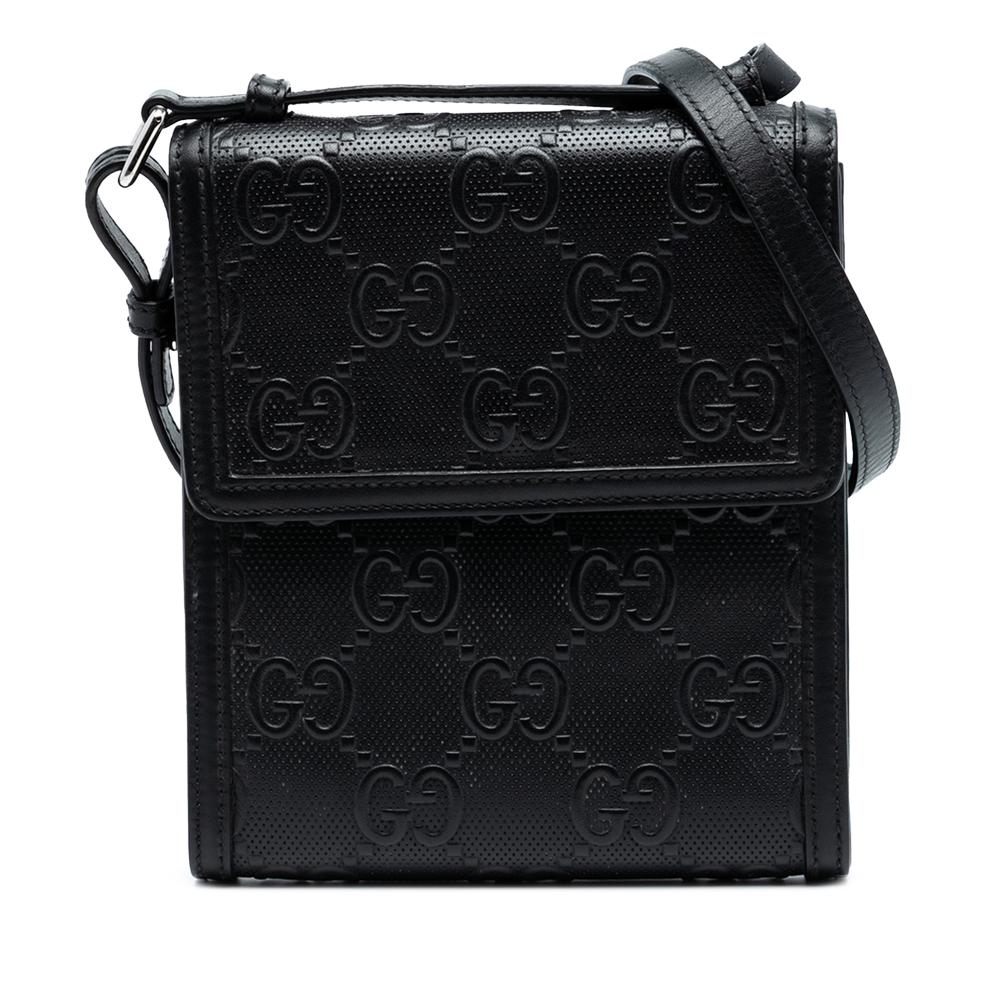 Gucci B Gucci Black Calf Leather GG Embossed Flap Crossbody Italy