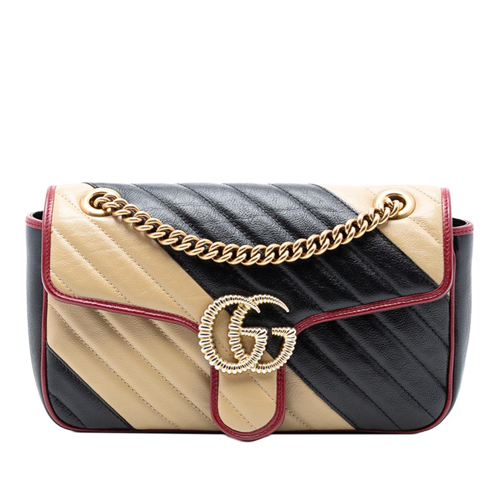 Gucci AB Gucci Black Calf Leather Medium GG Marmont Bicolor Matelasse Diagonal Torchon Shoulder Bag Italy