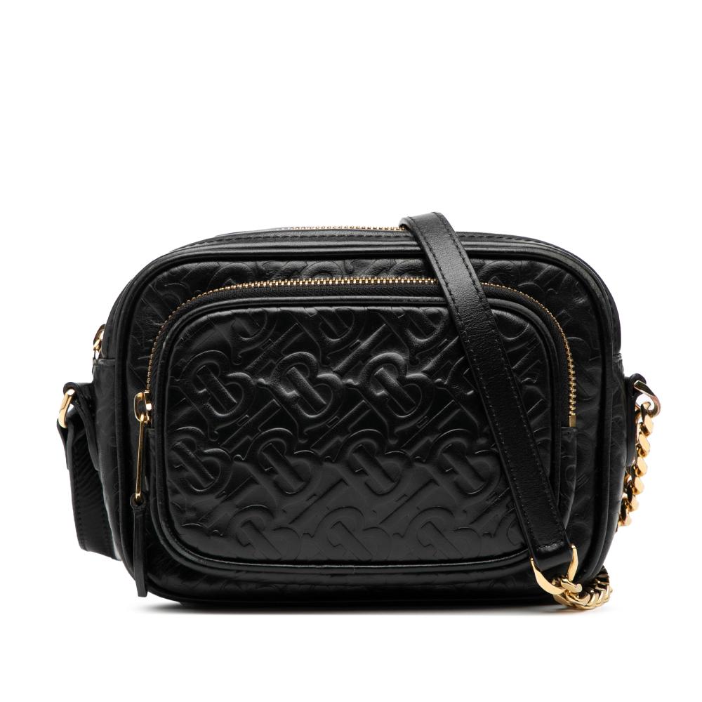 Burberry B Burberry Black Calf Leather Embossed skin TB Monogram Camera Chain Crossbody Italy