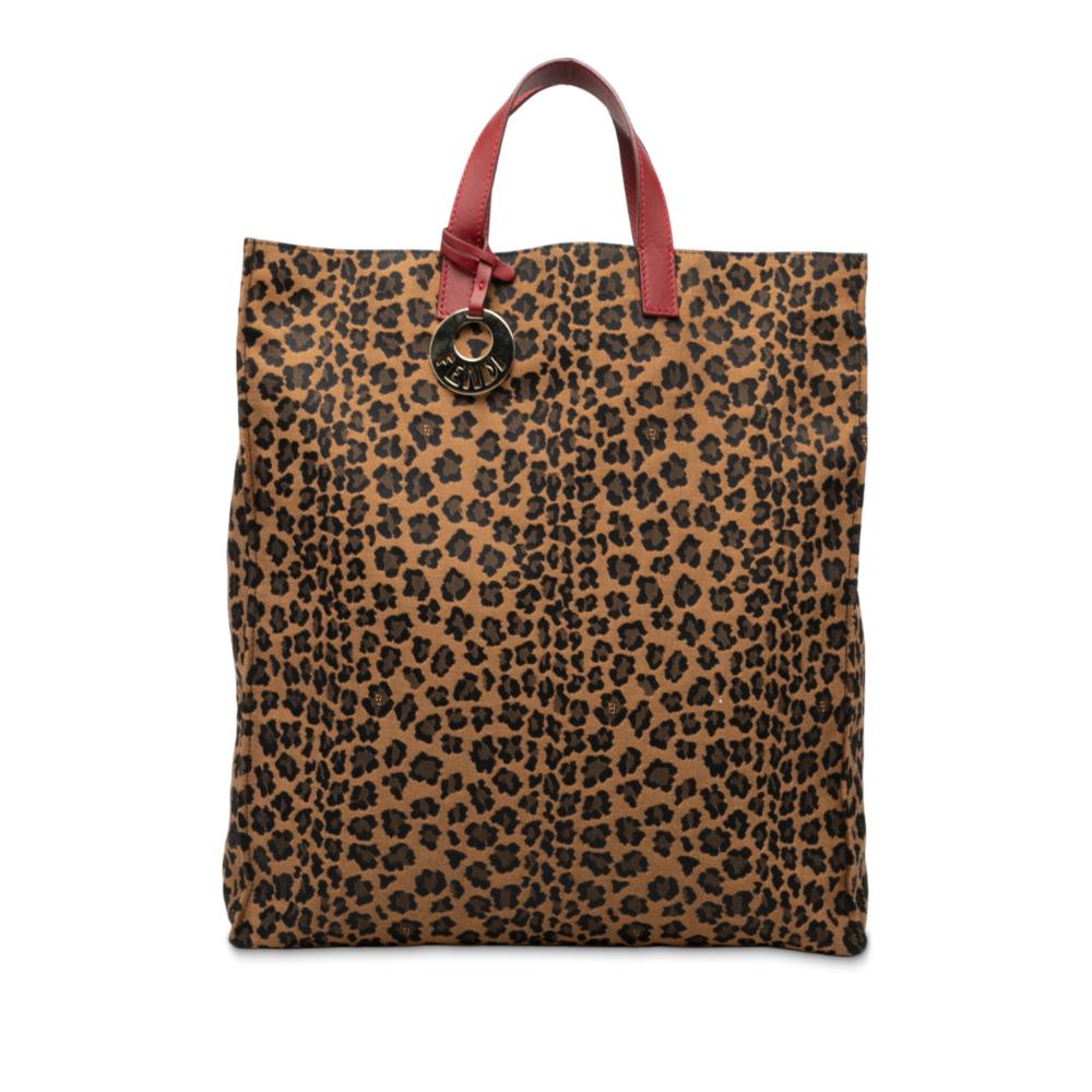 Fendi B Fendi Brown Canvas Fabric Leopard Printed Shopping Tote Italy