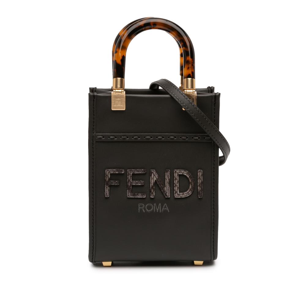 Fendi AB Fendi Black Calf Leather Mini Sunshine Shopper Tote Italy