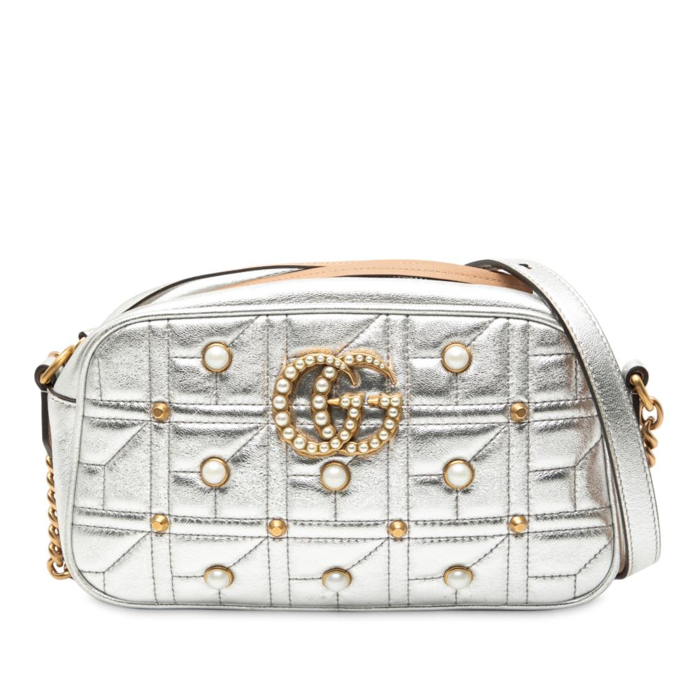 Gucci AB Gucci Silver Calf Leather Small GG Marmont Pearl Studded Matelasse Aria Crossbody Italy