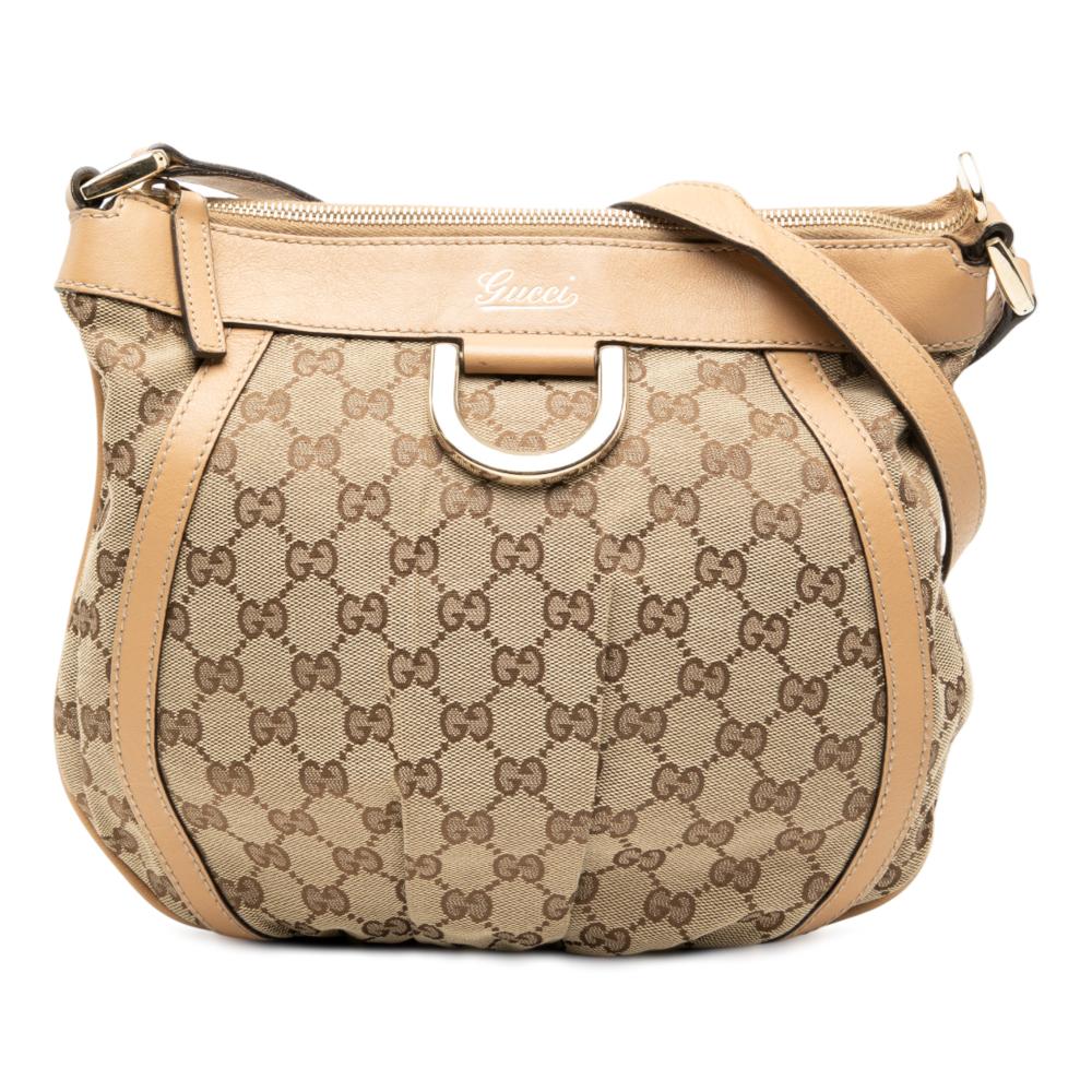 Gucci B Gucci Brown Beige Canvas Fabric GG Abbey D Ring Crossbody Italy