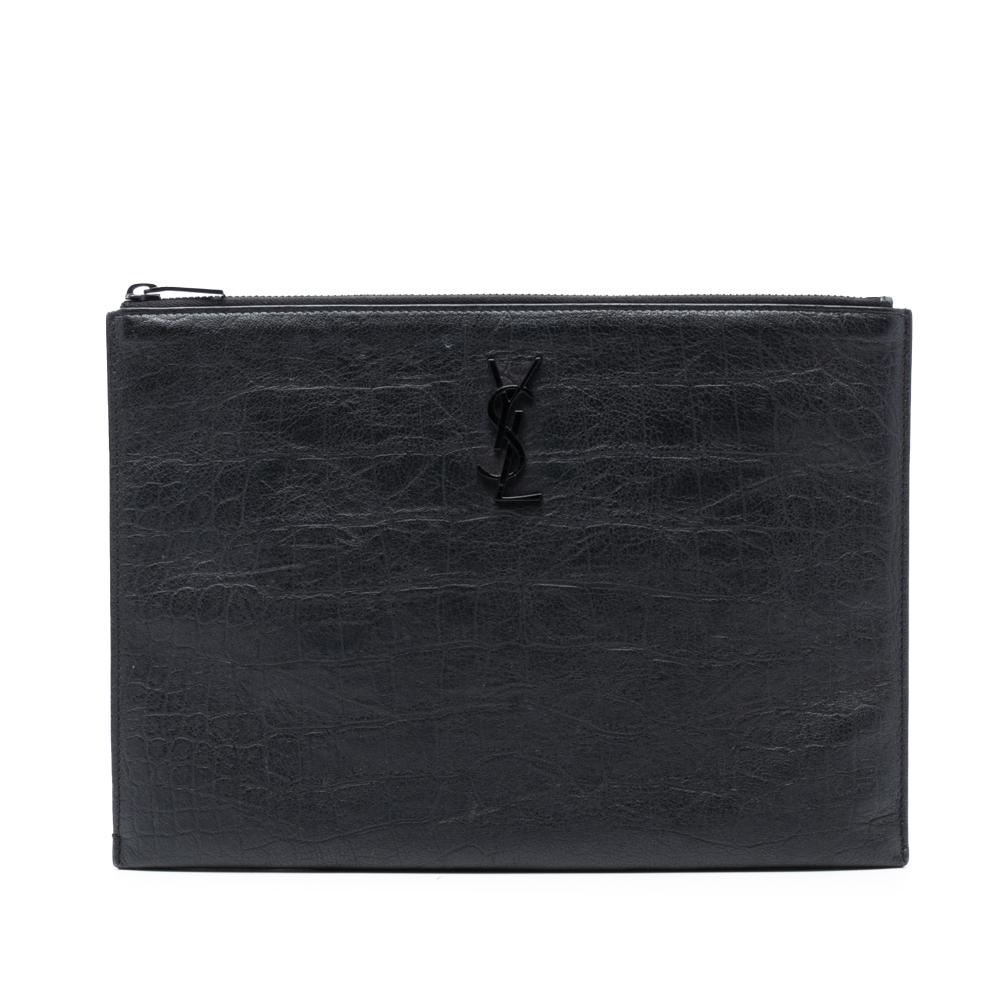 Saint Laurent B Saint Laurent Black Calf Leather Croc Embossed Monogram Clutch Italy