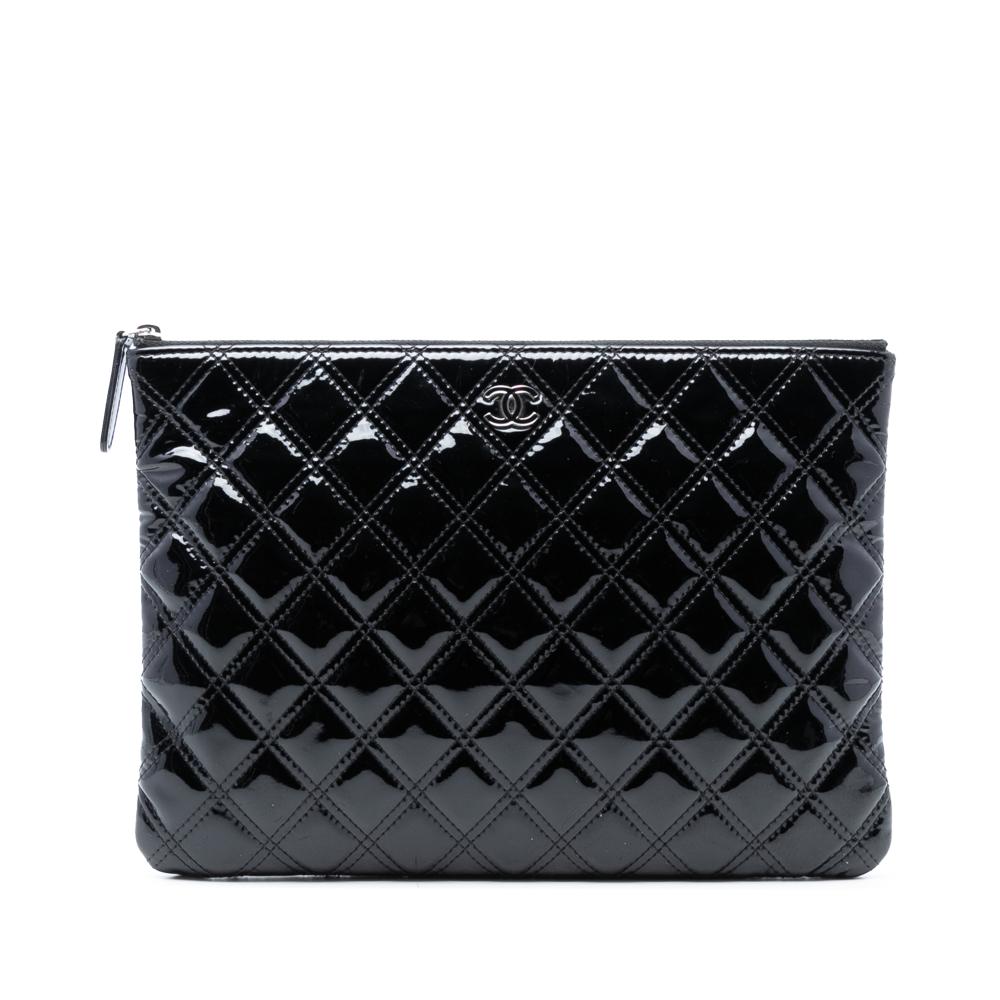 Chanel AB Chanel Black Patent Leather Leather Medium Quilted Patent Double Stitch O Case Clutch Italy