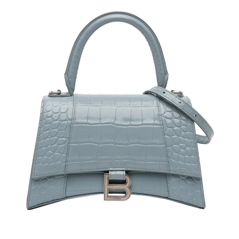 Balenciaga B Balenciaga Blue Denim Calf Leather Small Croc Embossed Hourglass Top Handle Bag Italy