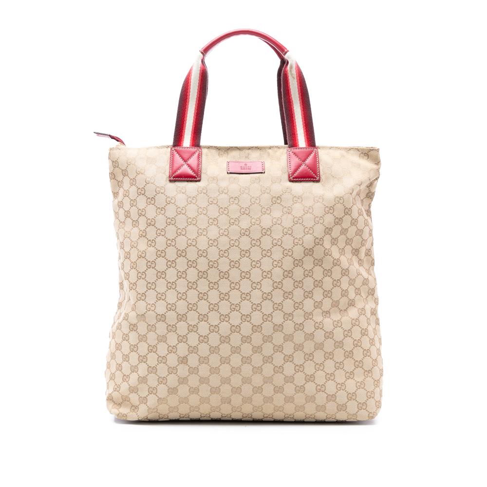 Gucci AB Gucci Brown Beige with Red Canvas Fabric GG Web Tote Italy