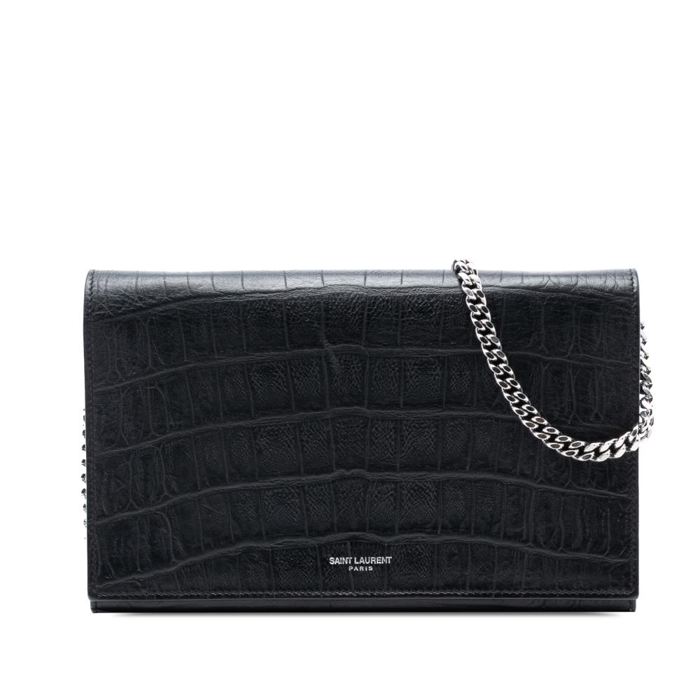 Saint Laurent B Saint Laurent Black Calf Leather Croc Embossed Wallet On Chain Italy