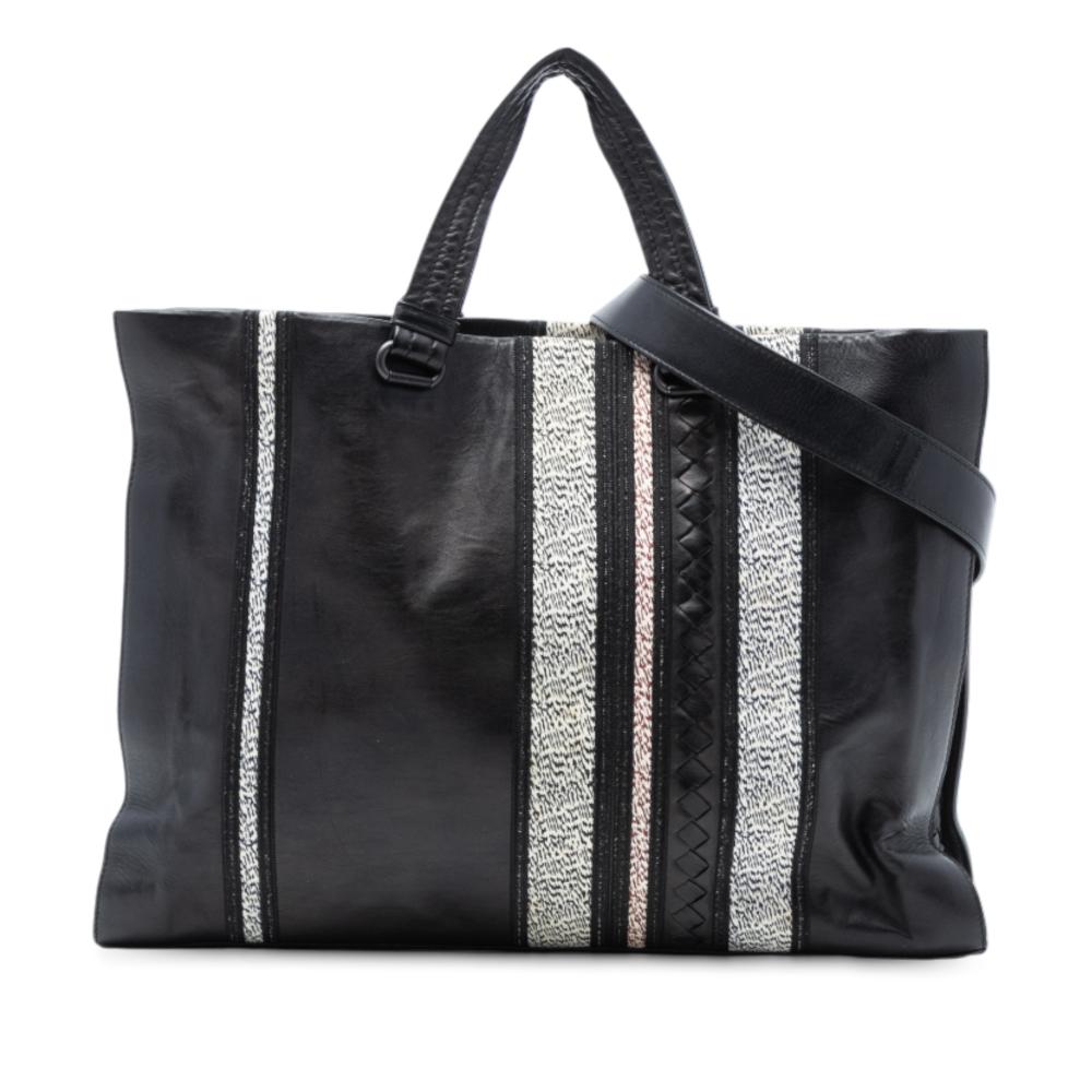 Bottega Veneta B Bottega Veneta Black Nappa Leather Leather Intrecciato Trimmed Nappa Vertical Stripe Tote Italy