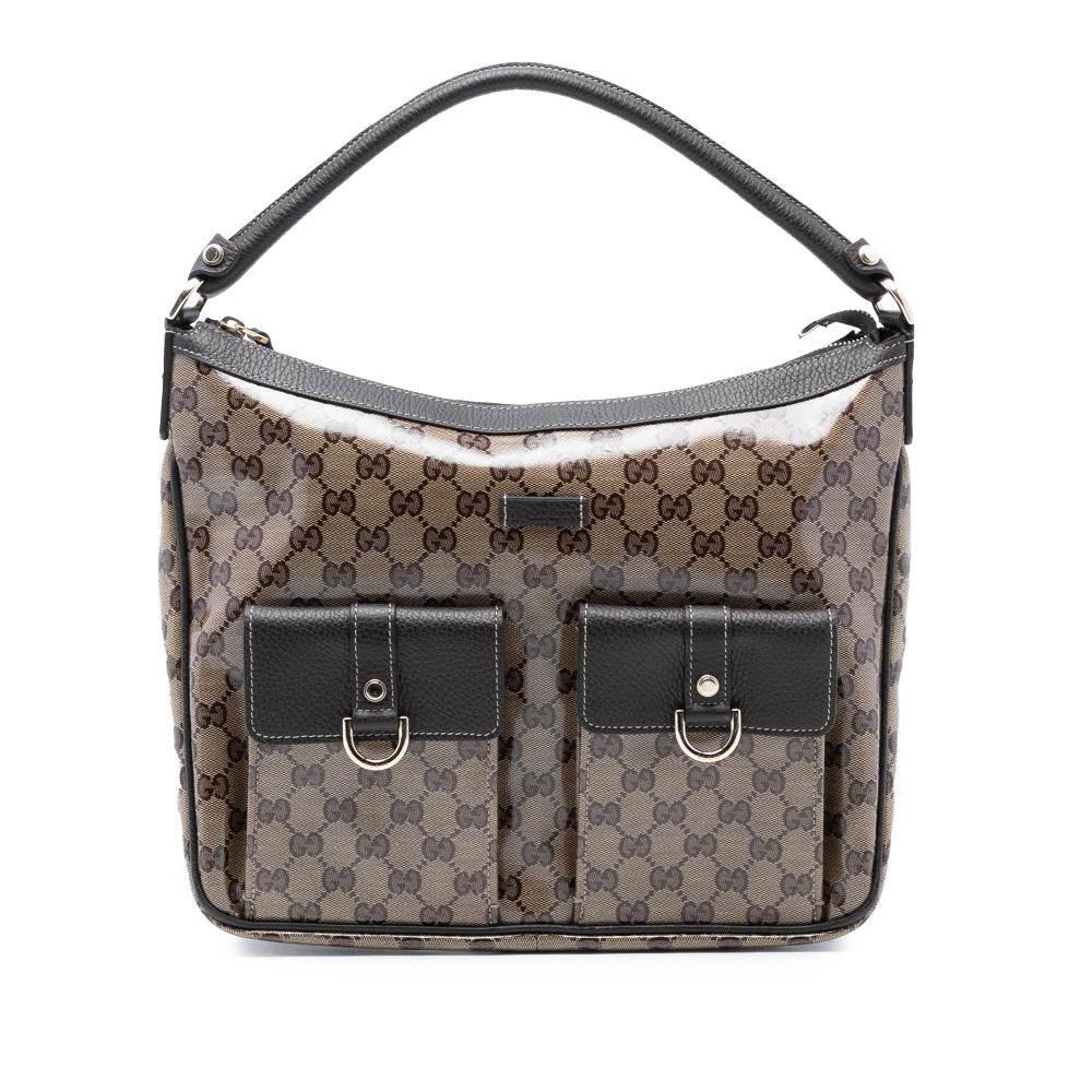 Gucci AB Gucci Brown Beige Coated Canvas Fabric GG Crystal Abbey D Ring Handbag Italy