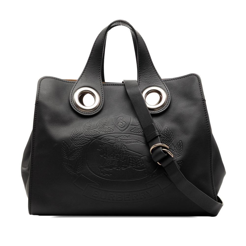 Burberry B Burberry Black Calf Leather Crest Embossed Smooth skin Grommet Satchel Italy