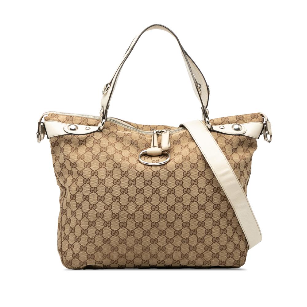 Gucci B Gucci Brown Beige with White Canvas Fabric Large GG Icon Bit Satchel Italy
