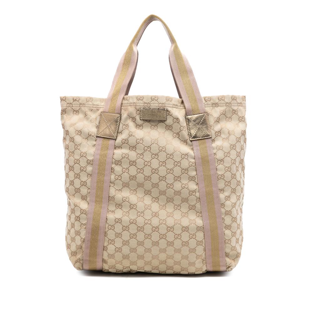 Gucci B Gucci Brown Beige Canvas Fabric GG Web Tote Italy