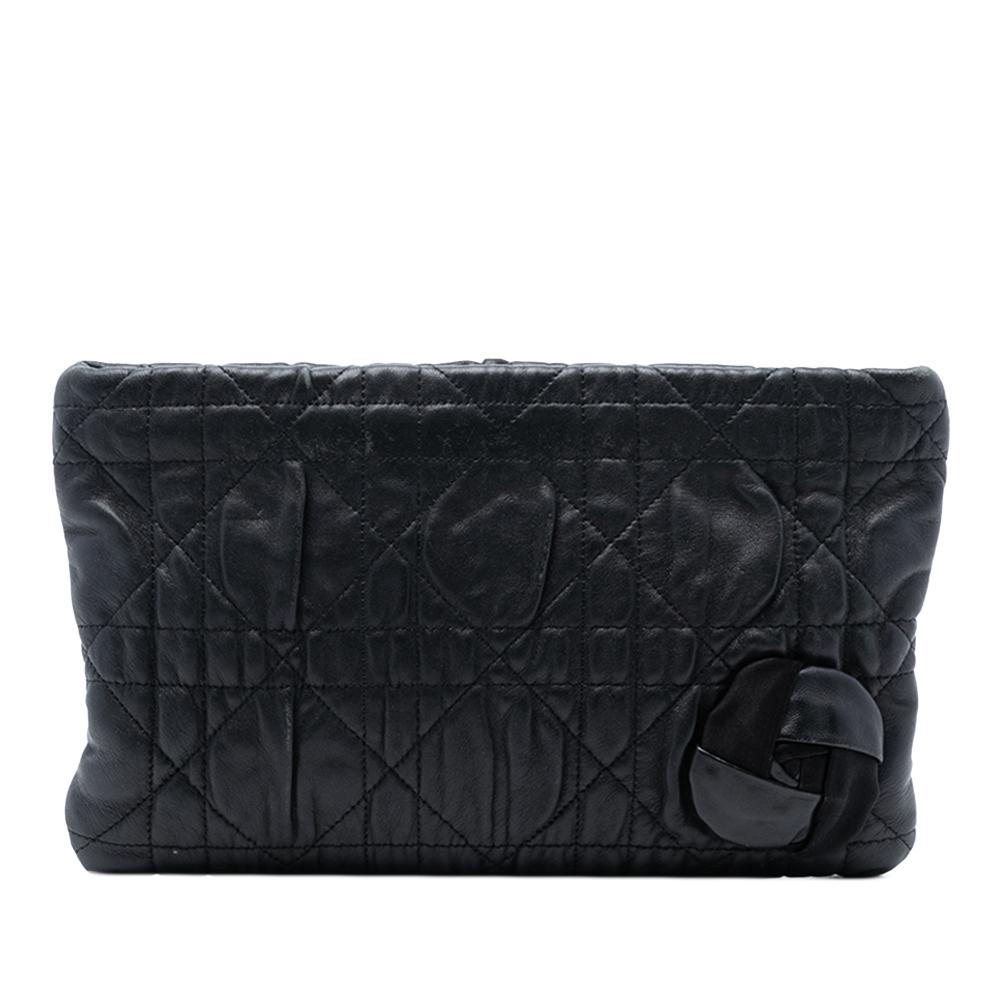 Christian Dior B Dior Black Calf Leather skin Cannage Rose Clutch Italy