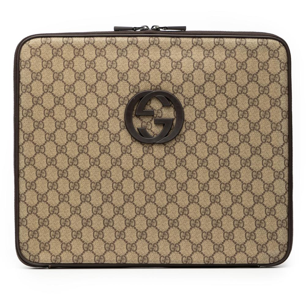 Gucci AB Gucci Brown Beige Coated Canvas Fabric GG Supreme Laptop Case Italy