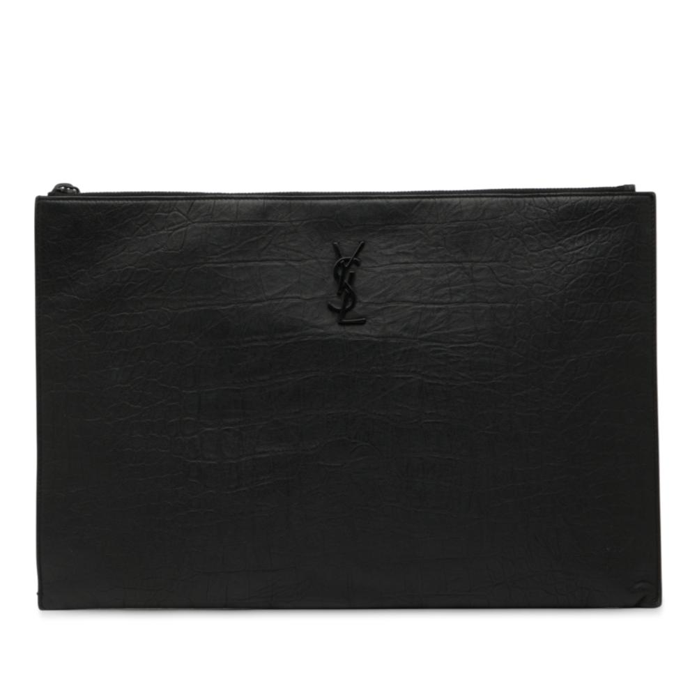 Saint Laurent B Saint Laurent Black Calf Leather Croc Embossed Monogram Clutch Italy