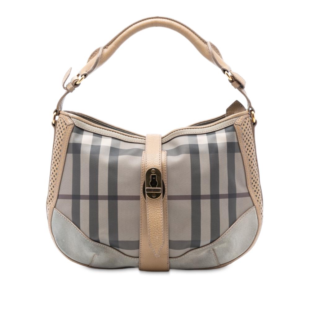 Burberry B Burberry Gray Coated Canvas Fabric Smoke Check Bartow Hobo Italy