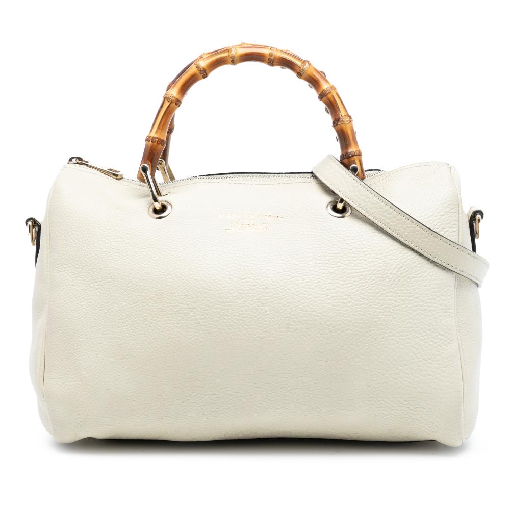 Gucci B Gucci White Calf Leather Medium skin Bamboo Shopper Boston Bag Italy