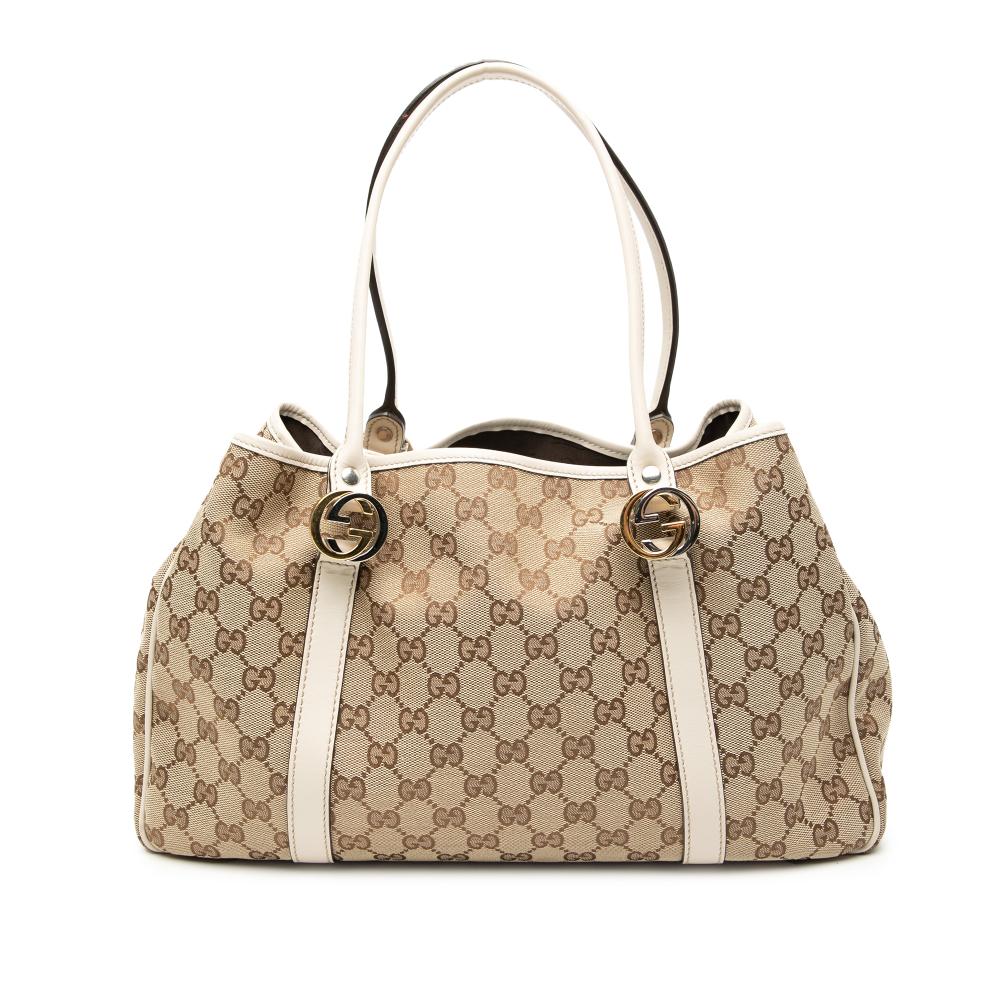 Gucci B Gucci Brown Beige with White Canvas Fabric GG Twins Tote Italy