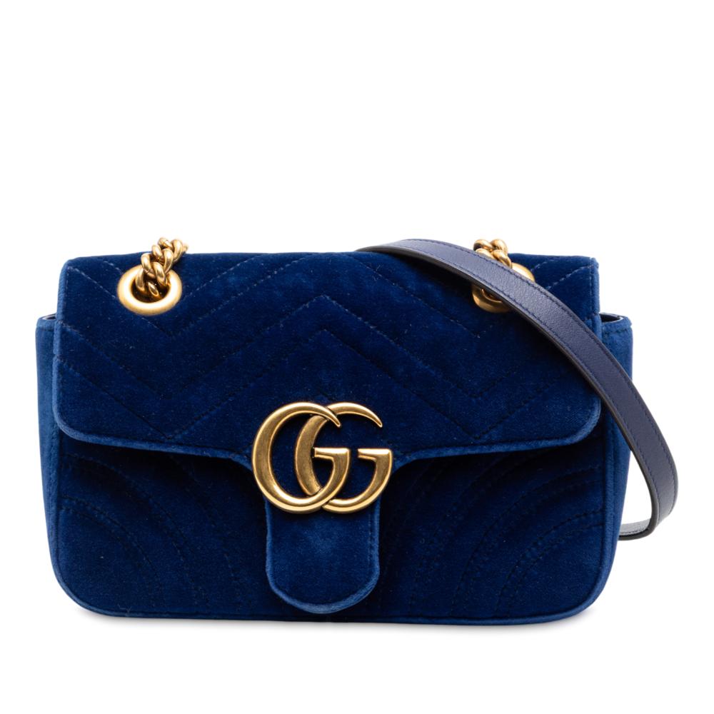 Gucci B Gucci Blue Velvet Fabric Small GG Marmont Matelasse Shoulder Bag Italy