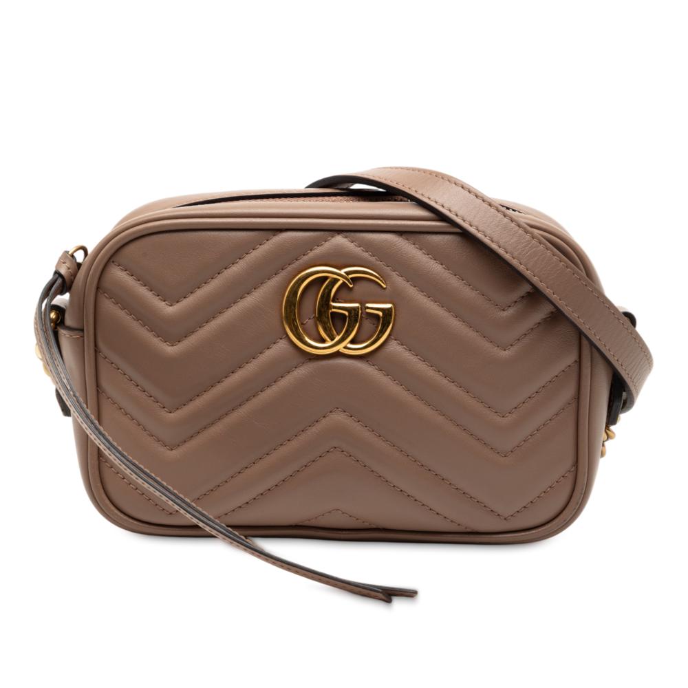 Gucci AB Gucci Brown Nude Calf Leather Mini GG Marmont Matelasse Crossbody Italy