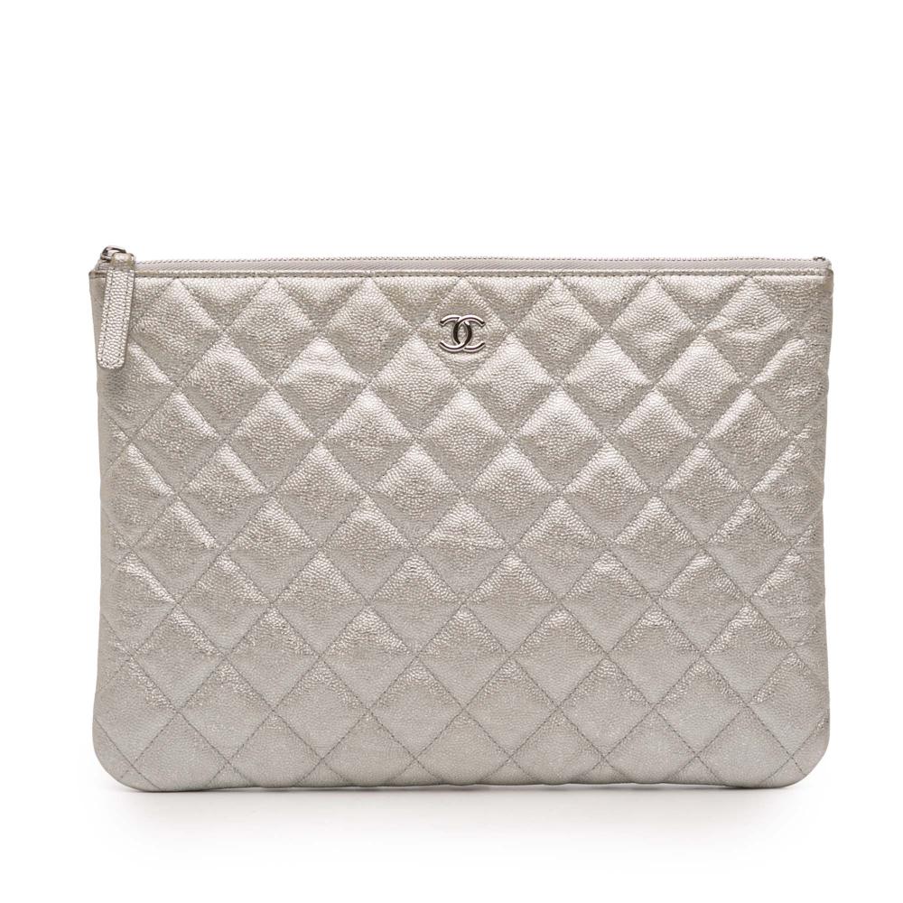Chanel B Chanel Silver Caviar Leather Leather Medium Quilted Metallic Caviar O Case Clutch Italy