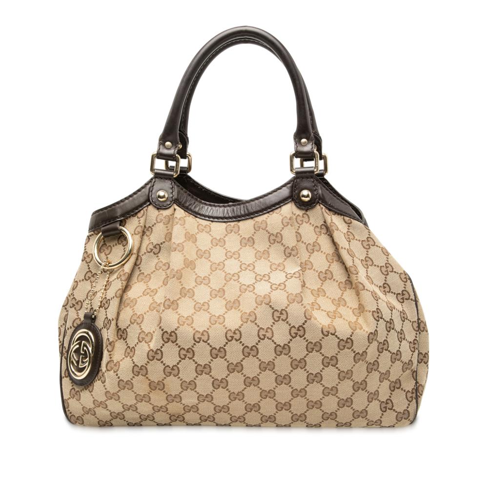 Gucci B Gucci Brown Beige Canvas Fabric Medium GG Sukey Tote Italy
