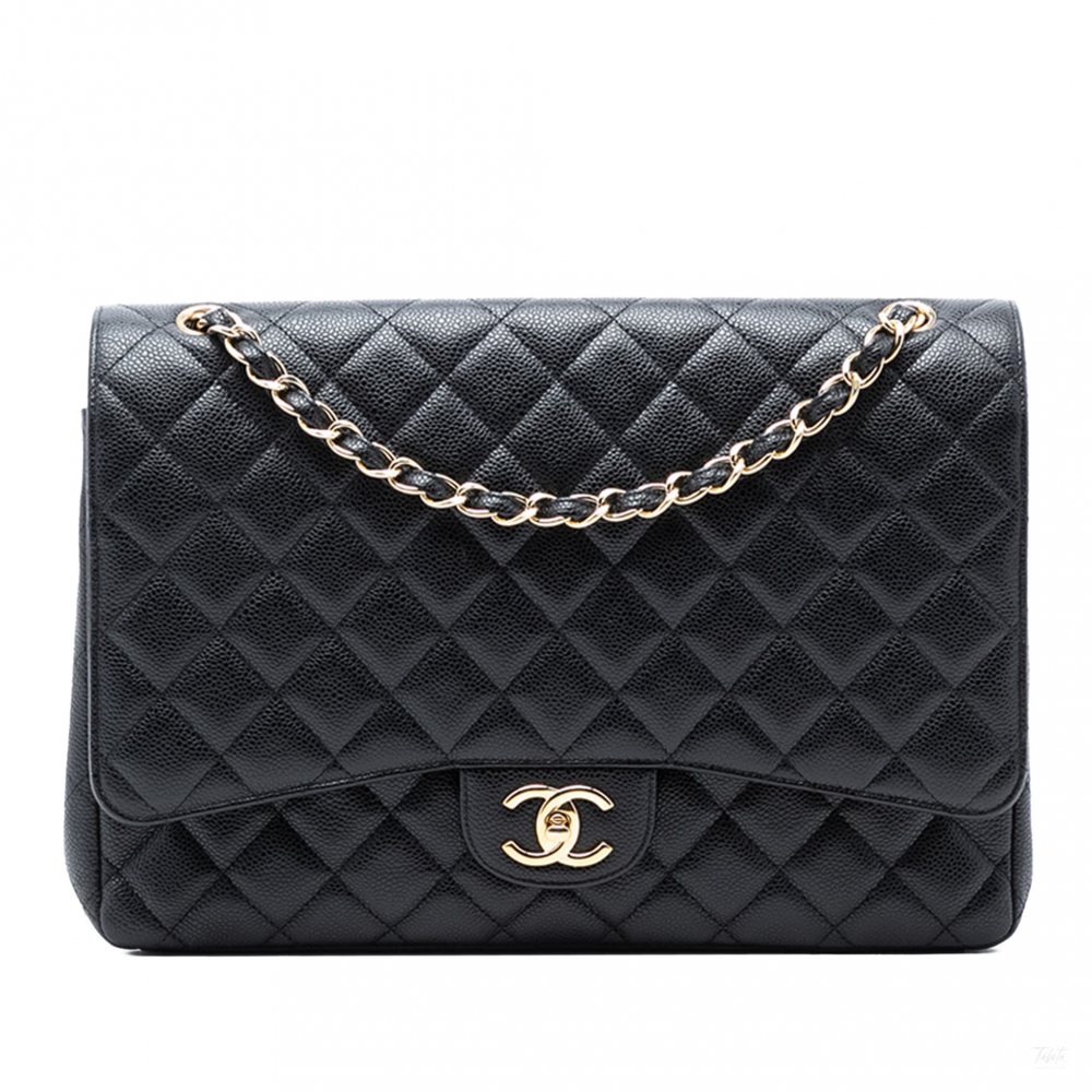 Chanel Classic Double Flap Maxi Caviar Leather Quilted Shoulder Bag Black