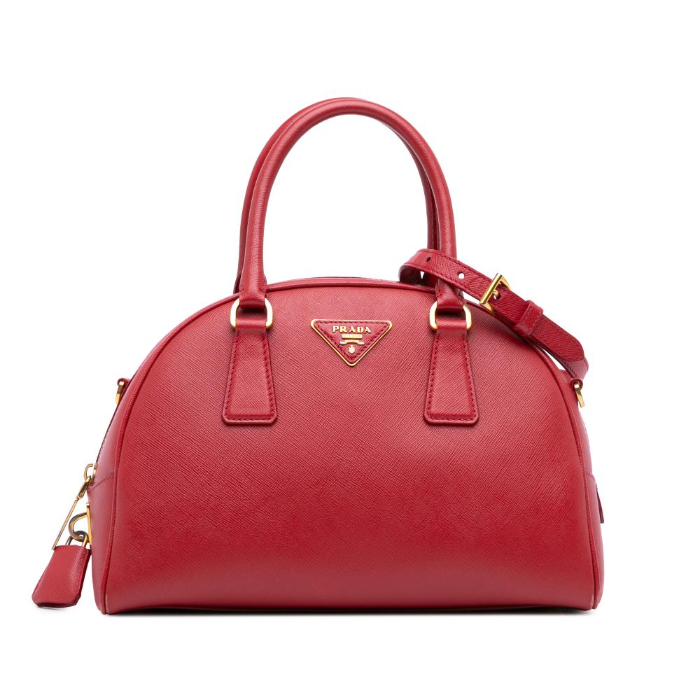 Prada B Prada Red Saffiano Leather Lux Bowling Bag Italy