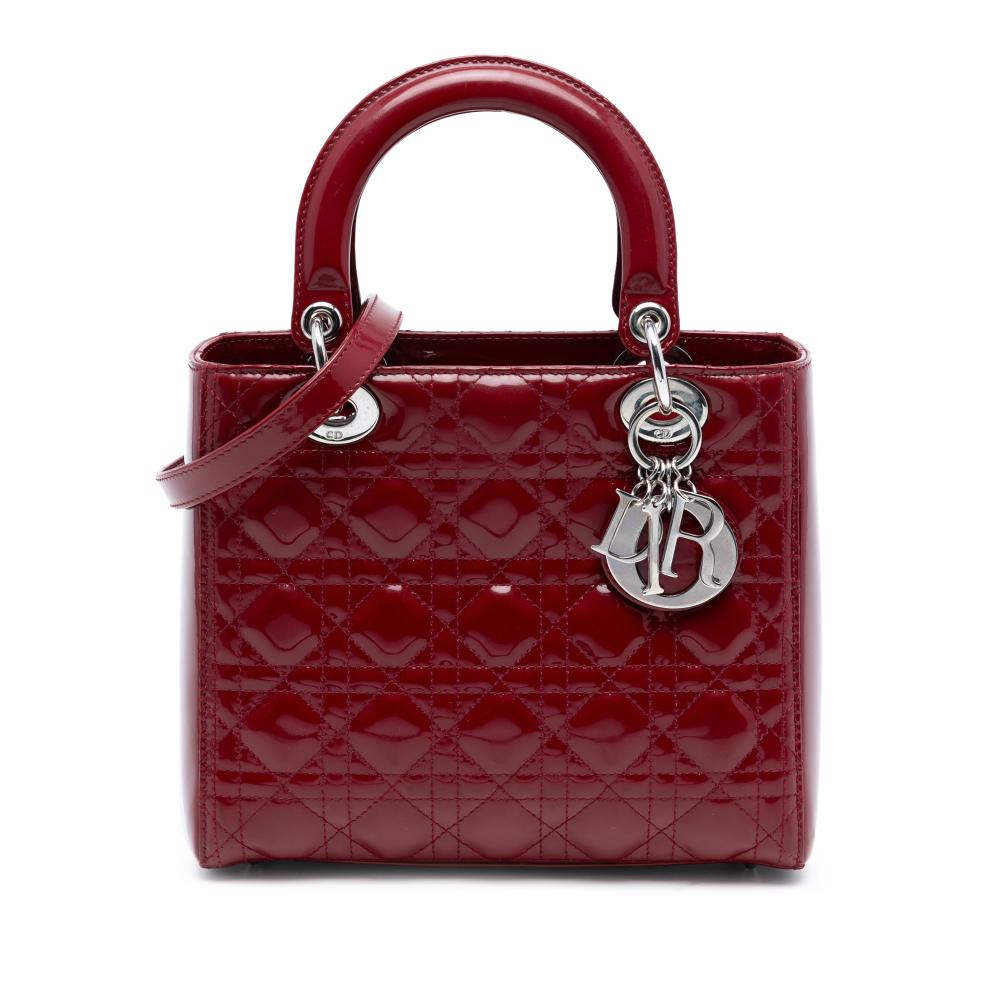 Christian Dior B Dior Red Dark Red Patent Leather Leather Medium Patent Cannage Lady Dior Italy