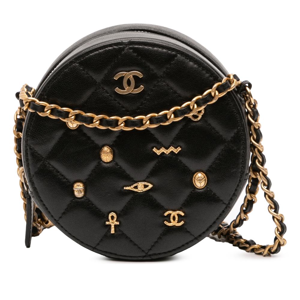 Chanel Black Quilted Lambskin Egyptian Amulet Charms Round Clutch with Chain Italy