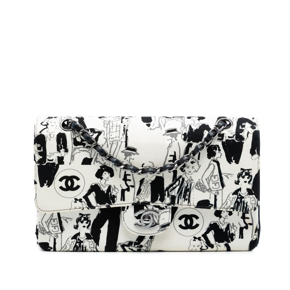Chanel B Chanel White with Black Canvas Fabric Medium Classic Coco Mademoiselle Double Flap France
