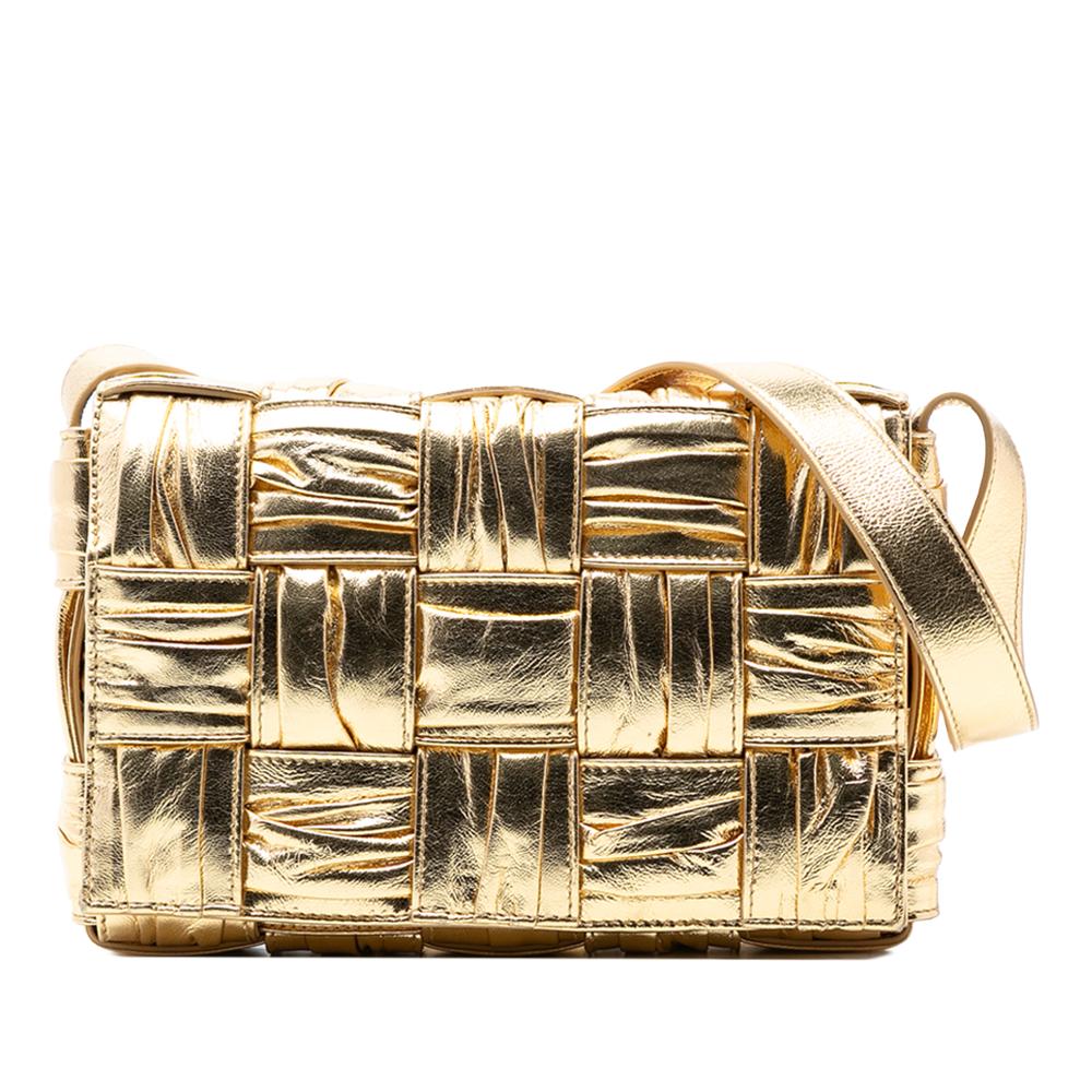 Bottega Veneta B Bottega Veneta Gold Calf Leather Metallic skin Intreccio Plisse Cassette Crossbody Italy