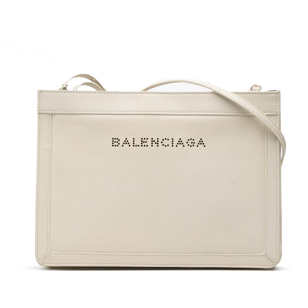 Balenciaga B Balenciaga White Ivory Calf Leather Perforated Logo Navy Pochette Crossbody Italy