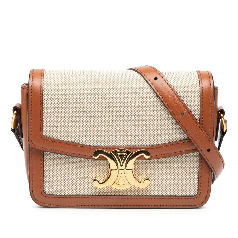 Celine AB Celine Brown Beige Canvas Fabric Teen and Calfskin Triomphe Crossbody Italy