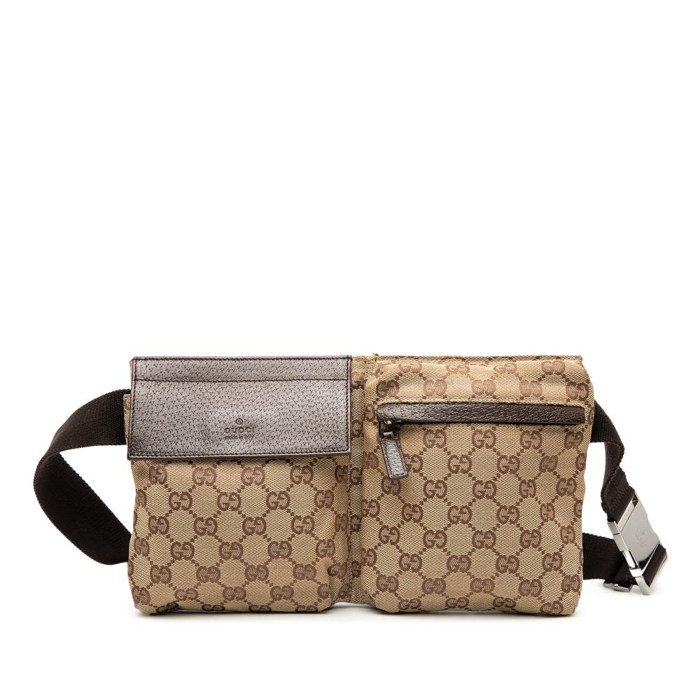 Gucci B Gucci Brown Beige Canvas Fabric GG Double Pocket Belt Bag Italy