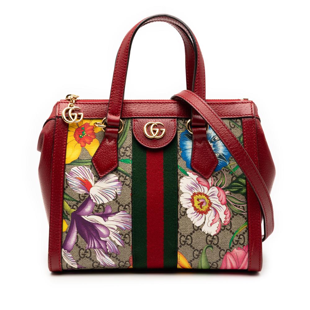 Gucci B Gucci Brown Beige with Multi Coated Canvas Fabric GG Flora Ophidia Satchel Italy