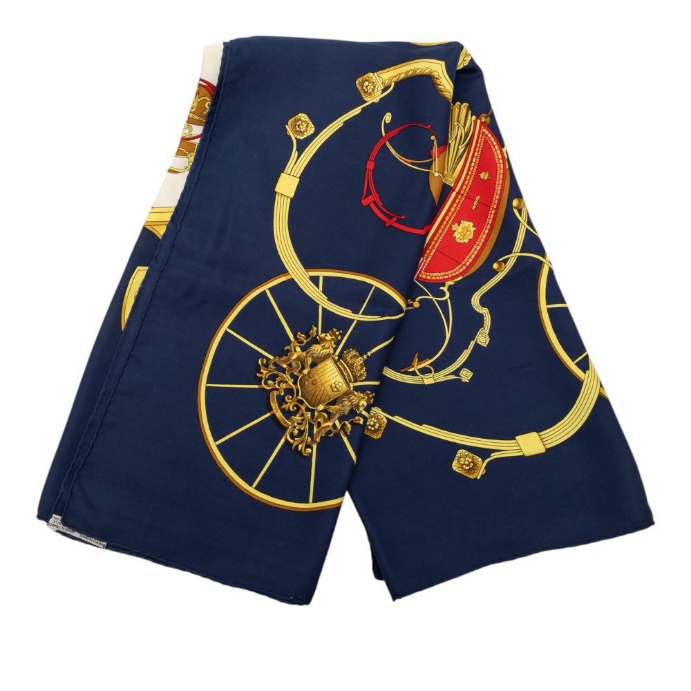 Hermès B Hermès Blue Navy with White Ivory Silk Fabric Springs Scarf 90 France