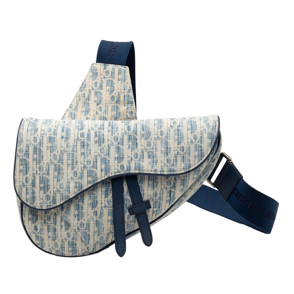 Christian Dior B Dior Blue Canvas Fabric Kasuri Oblique Saddle Crossbody Italy