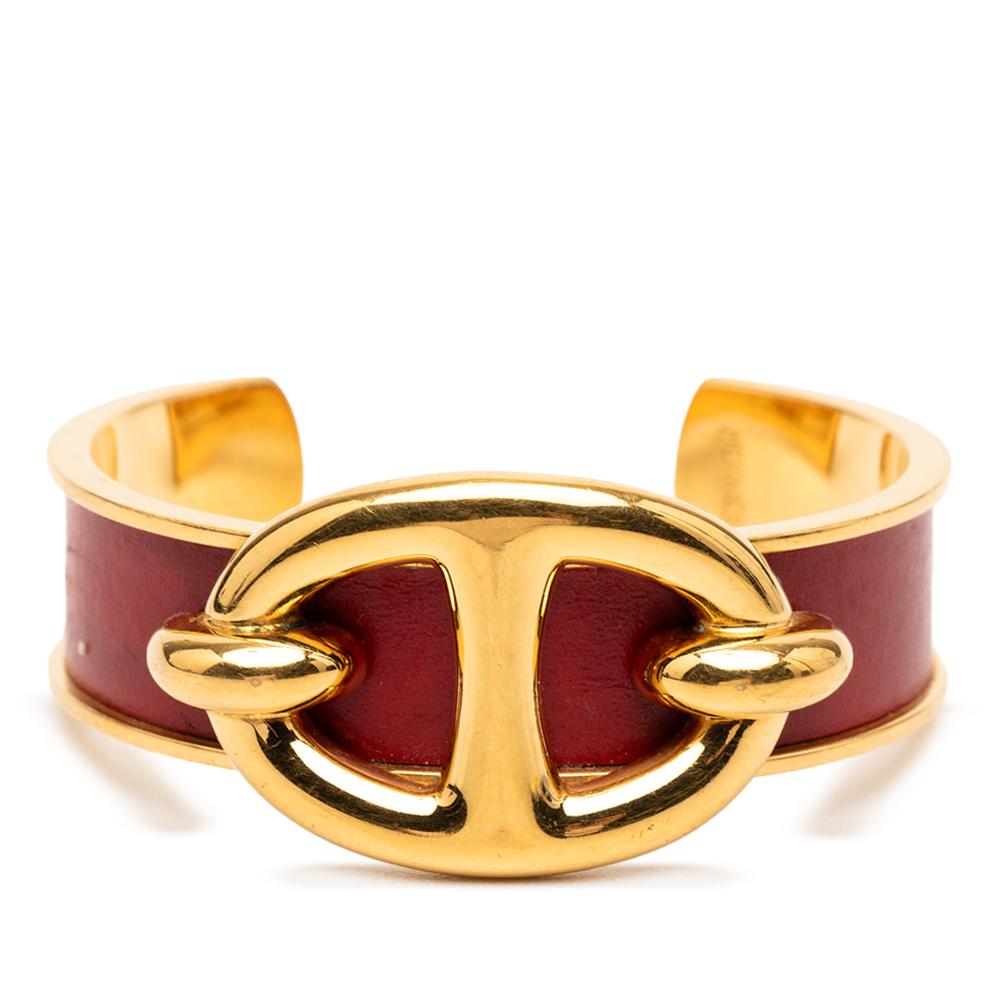 Hermès B Hermès Gold with Red Gold Plated Metal and Leather Chaine d Ancre Cuff Bracelet France