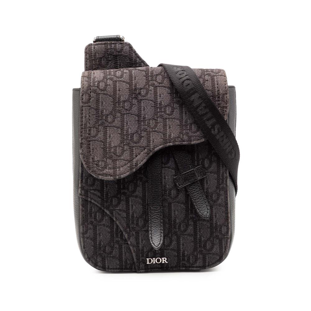 Christian Dior B Dior Brown Dark Brown Canvas Fabric Oblique Saddle Pouch Crossbody Italy